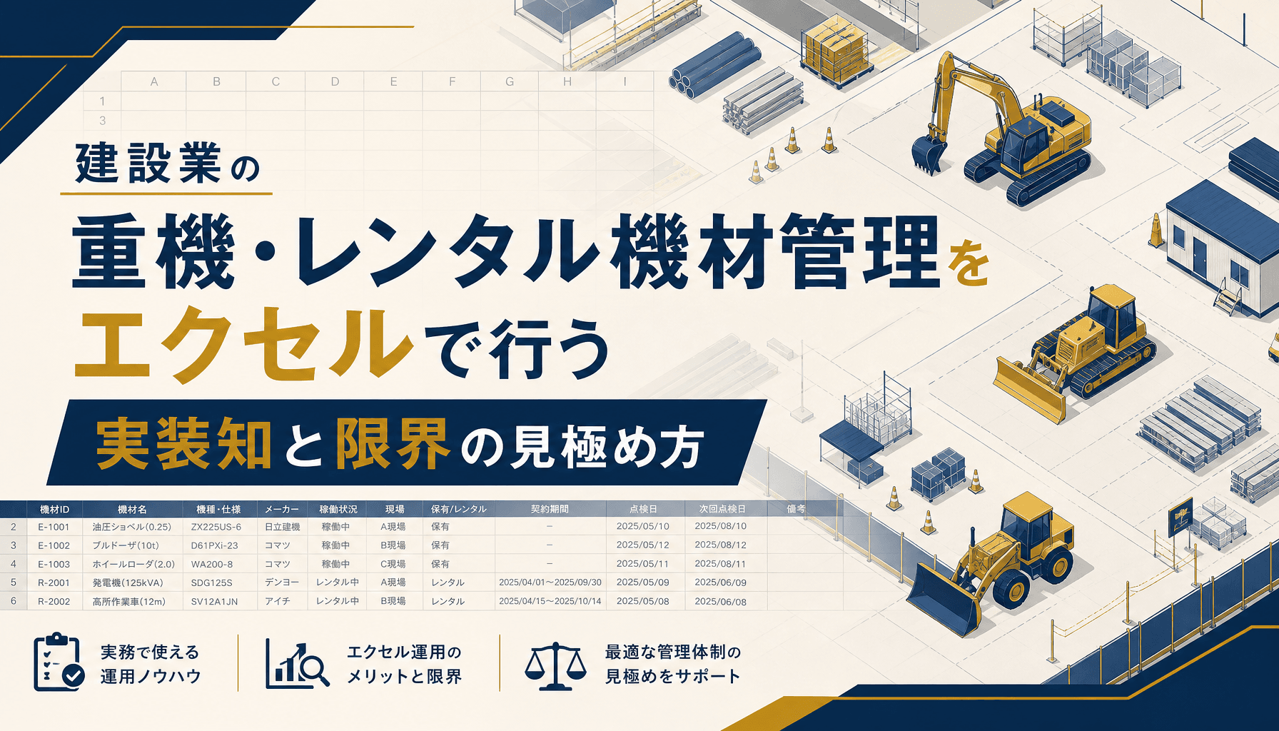 建設業の重機・レンタル機材管理をエクセルで行う実装知と限界の見極め方