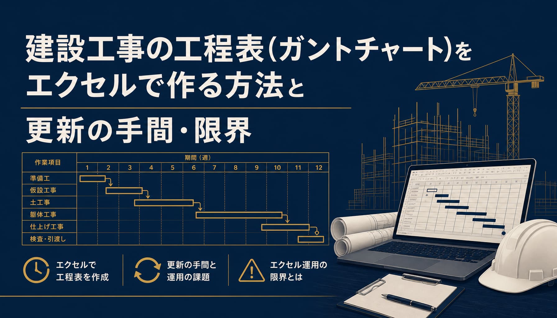 建設工事の工程表(ガントチャート)をエクセルで作る方法と更新の手間・限界