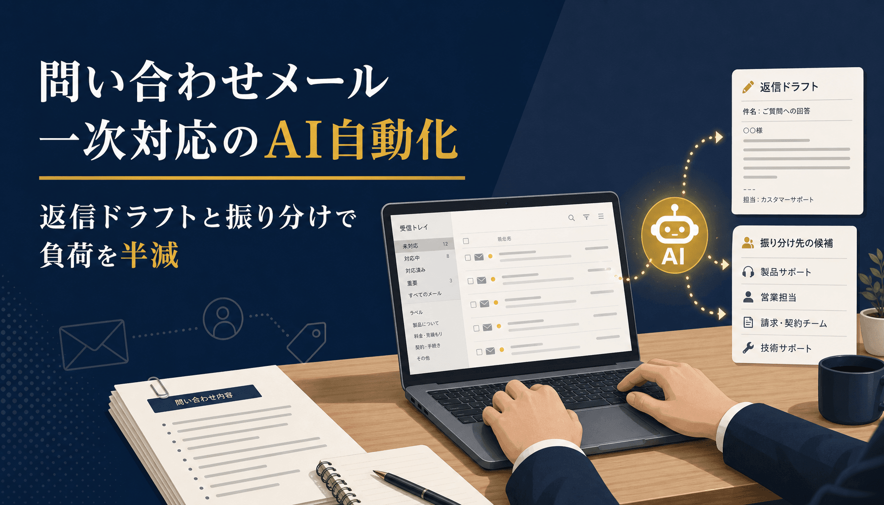 問い合わせメール一次対応のAI自動化 返信ドラフトと振り分けで負荷を半減する実務手順