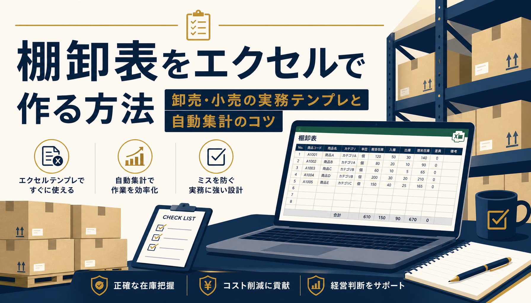 棚卸表をエクセルで作る方法 卸売・小売の実務テンプレと自動集計のコツ