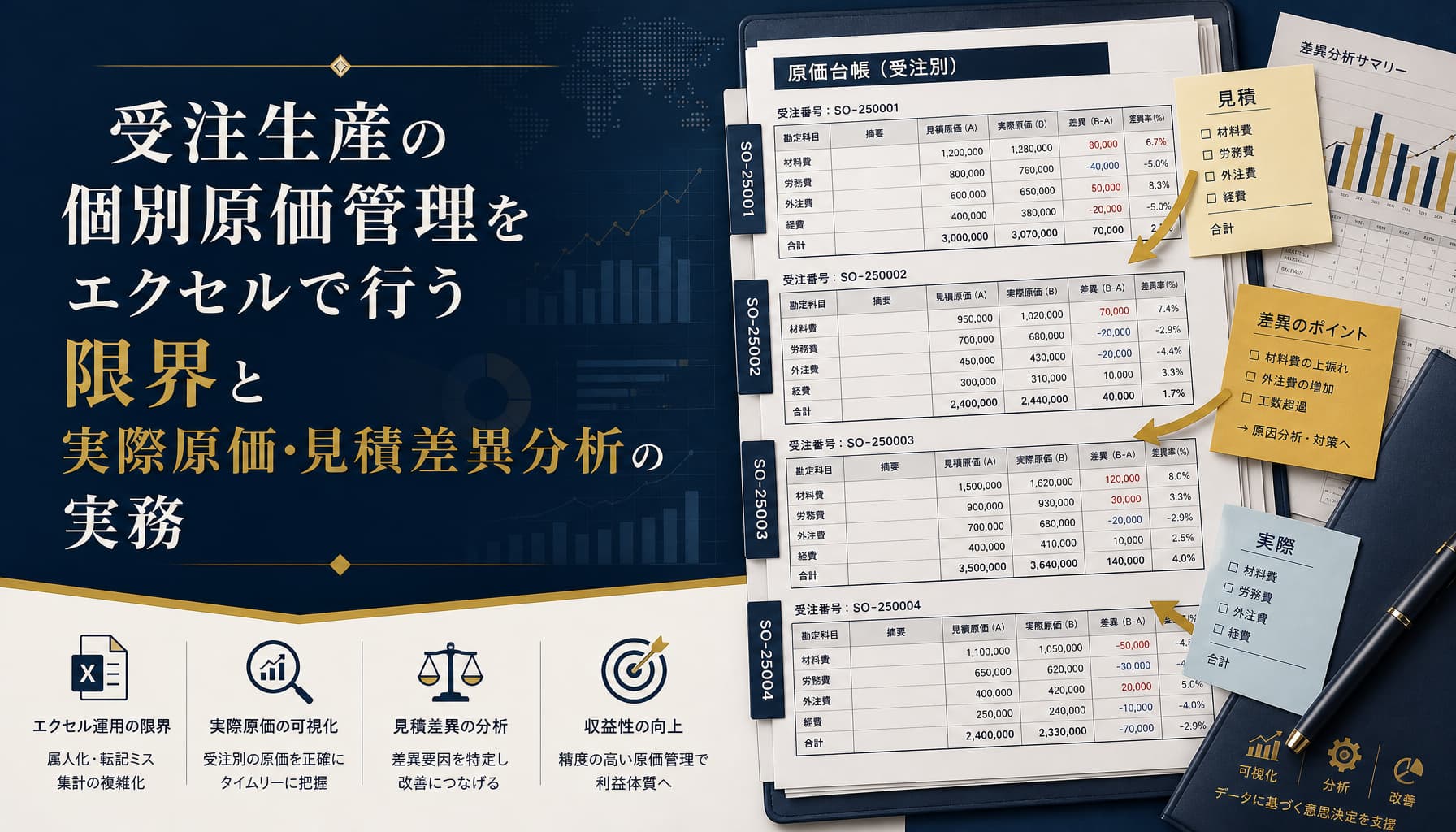 受注生産の個別原価管理をエクセルで行う限界と実際原価・見積差異分析の実務
