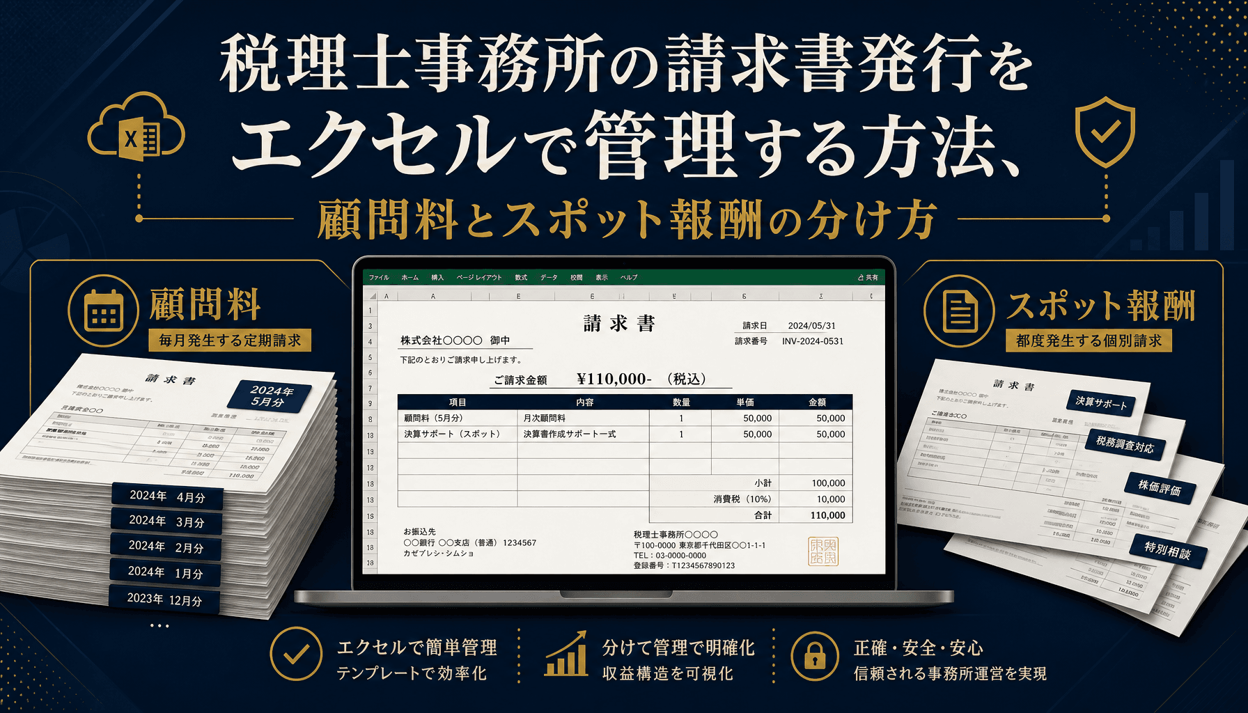 税理士事務所の請求書発行をエクセルで管理する方法、顧問料とスポット報酬の分け方
