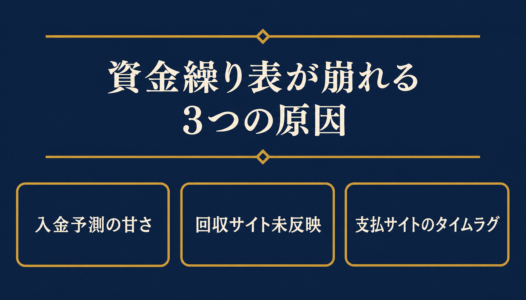 資金繰り表が崩れる3つの原因（入金予測の甘さ・回収サイト未反映・支払サイトのタイムラグ）を示すインフォグラフィック