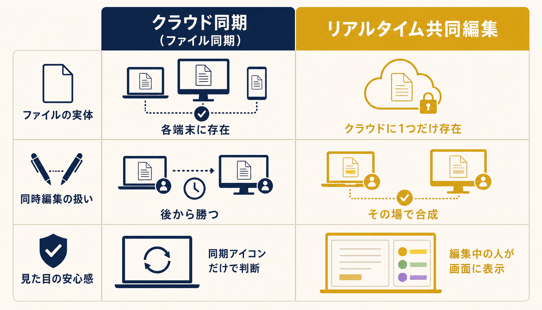 クラウド同期（ファイル同期）とリアルタイム共同編集の違いを3つの観点で比較したインフォグラフィック。