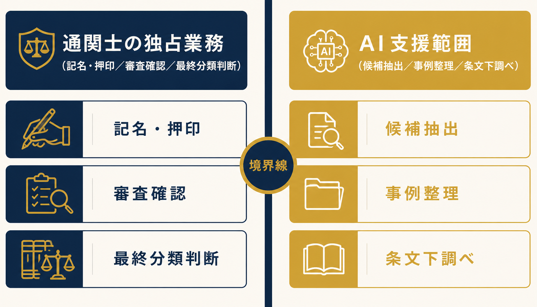 通関士の独占業務とAI支援範囲を対比した境界図