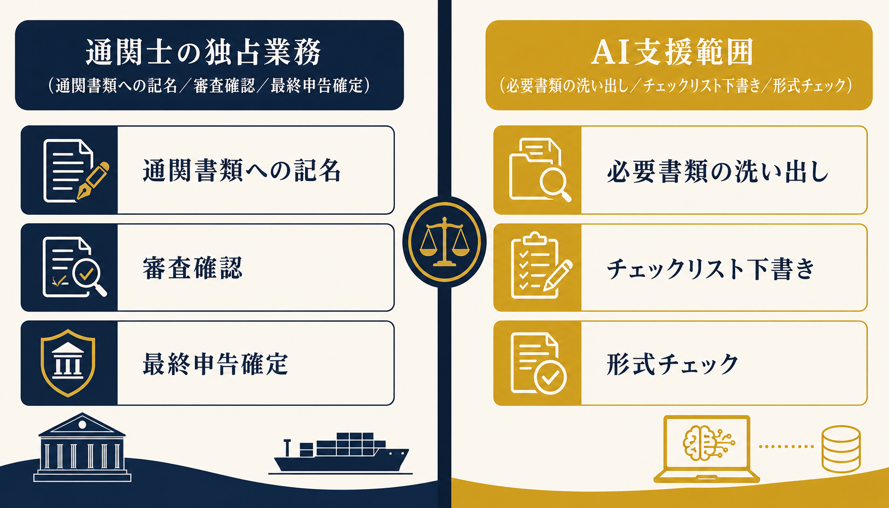 通関士の独占業務とAI支援範囲を対比した境界図