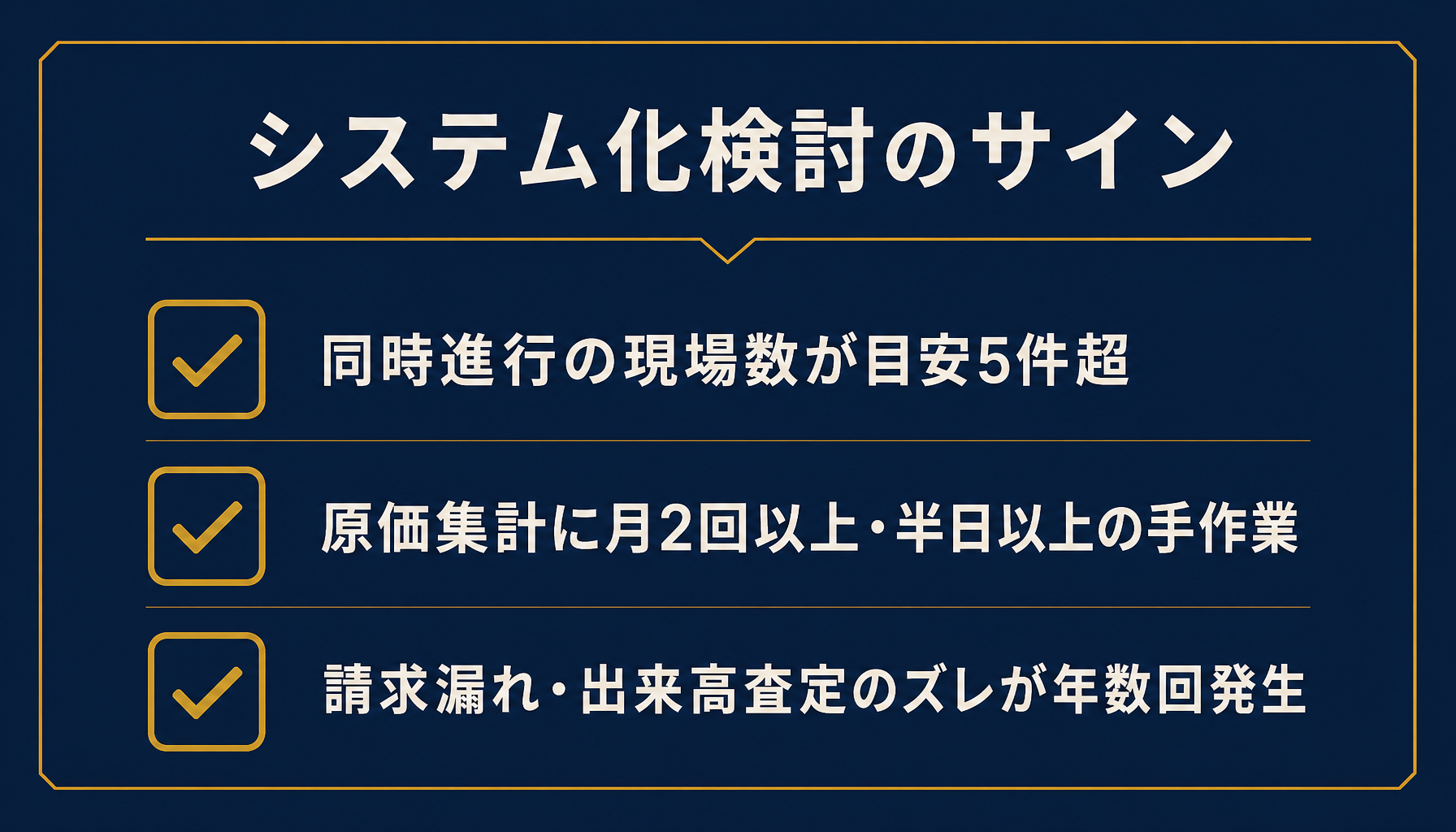 脱エクセルの判断基準となる3つのサイン（現場数・集計工数・請求漏れ頻度）をチェックリスト形式で示したインフォグラフィック