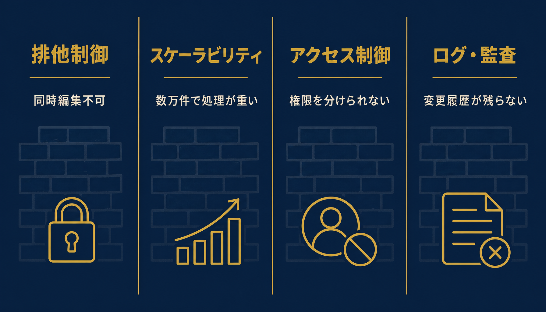 VBAマクロが越えられない4つの壁を並べたインフォグラフィック