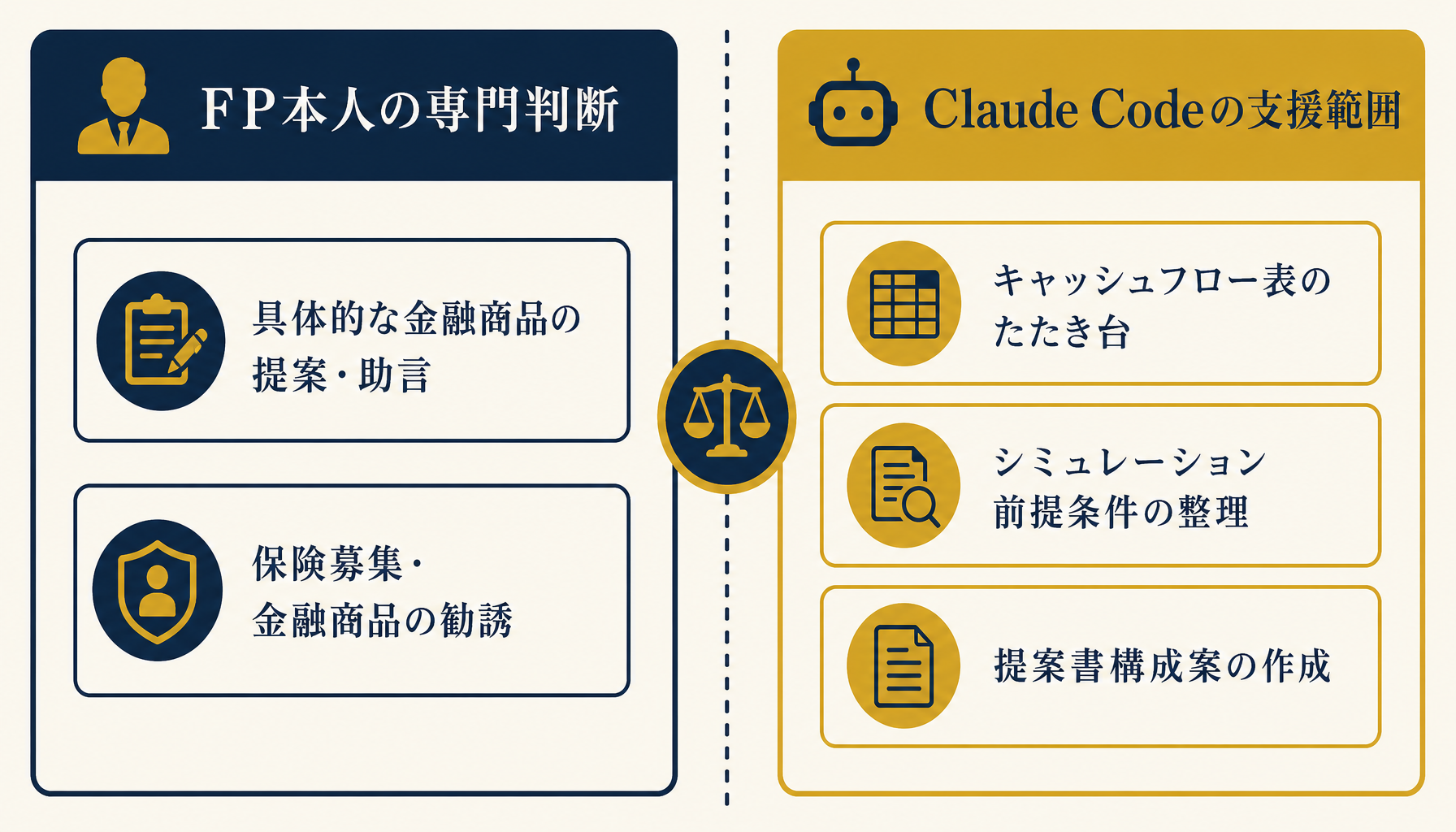 FPの専門判断とAI支援範囲の境界を示す図