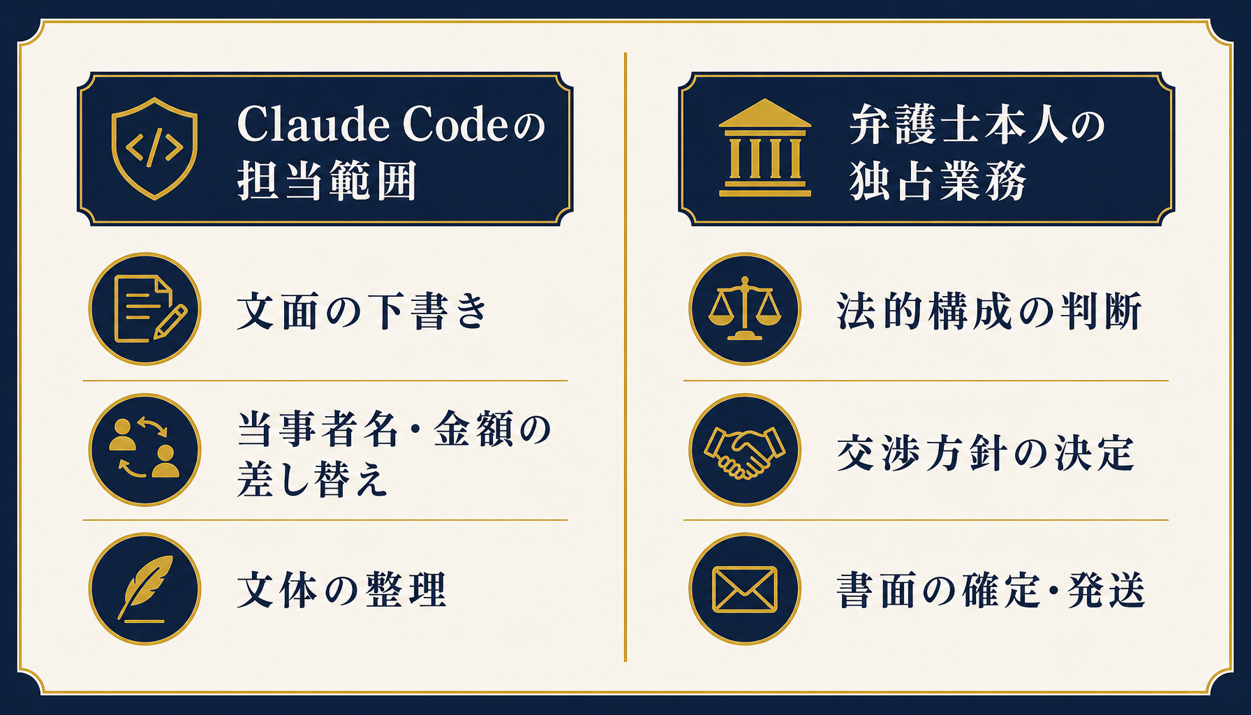 Claude Codeの担当範囲と弁護士本人の担当範囲を分けて示すインフォグラフィック