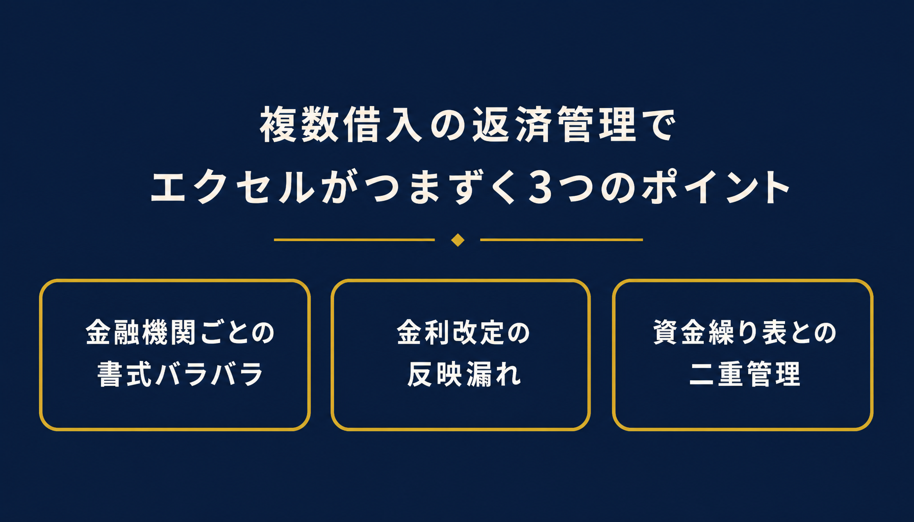 複数借入の返済管理でエクセルがつまずく3つのポイントを示すインフォグラフィック