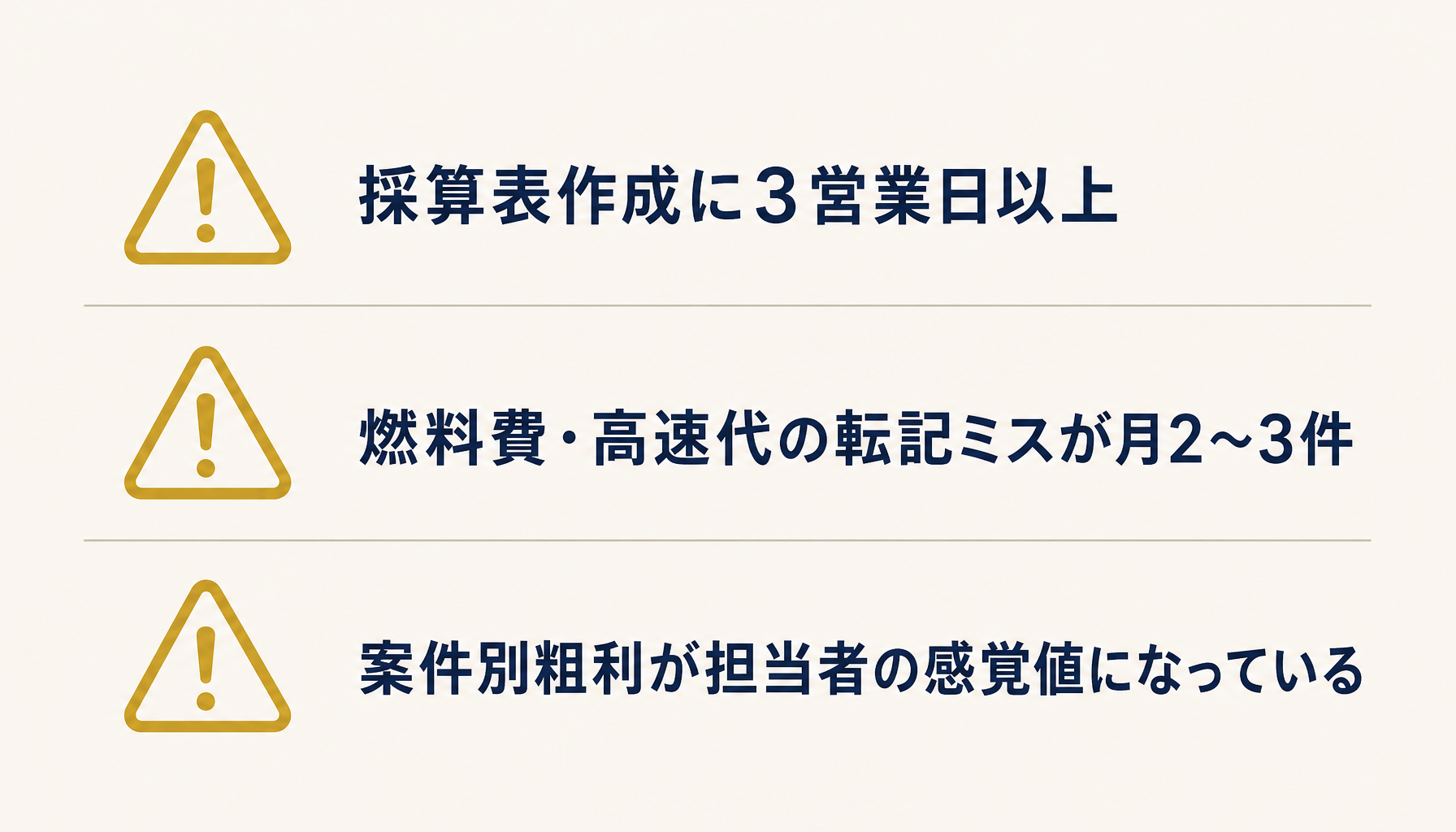 採算表作成に3営業日以上・転記ミス月数件・粗利が感覚値化する限界のサイン