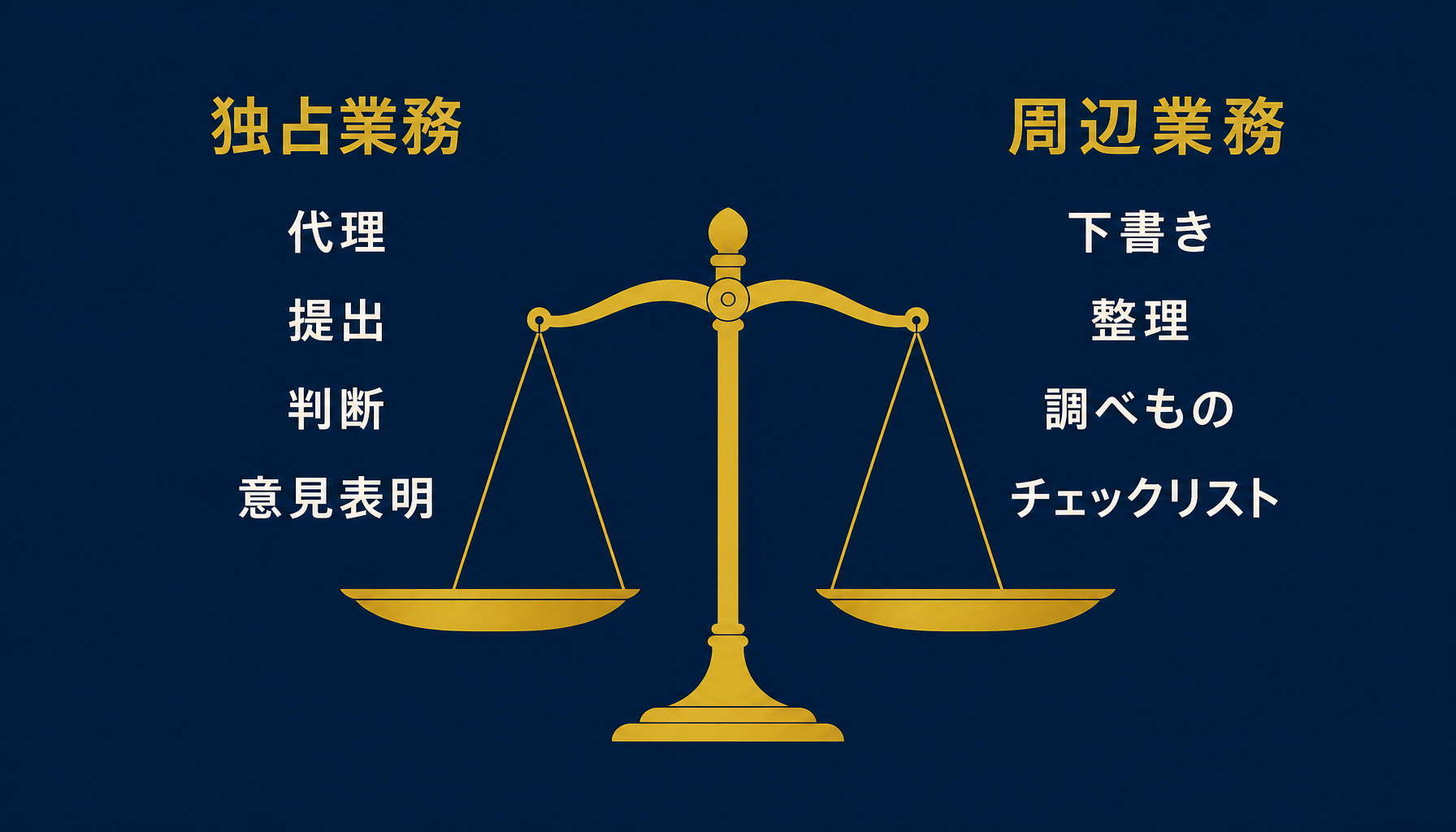 独占業務側に代理・提出・判断・意見表明、周辺業務側に下書き・整理・調べもの・チェックリストと書かれたラベルが天秤の両側に並ぶインフォグラフィック