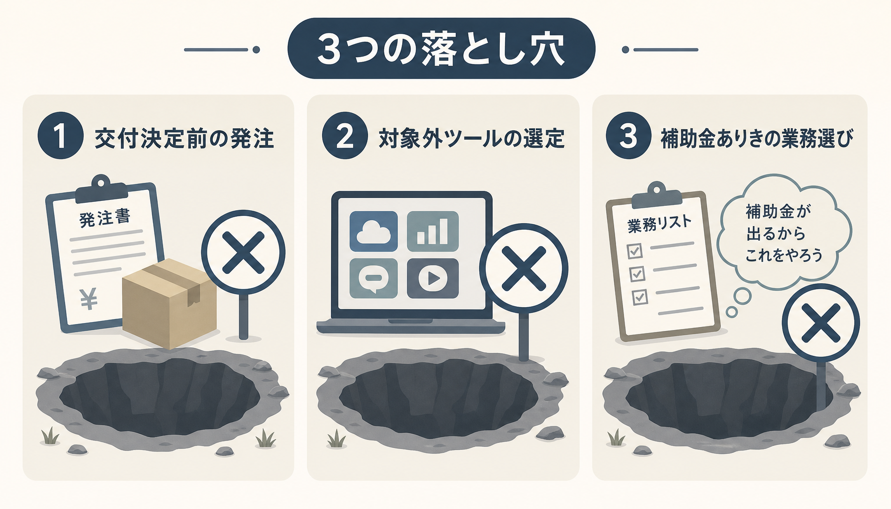 補助金活用でつまずきやすい3つの落とし穴を示した注意喚起の図