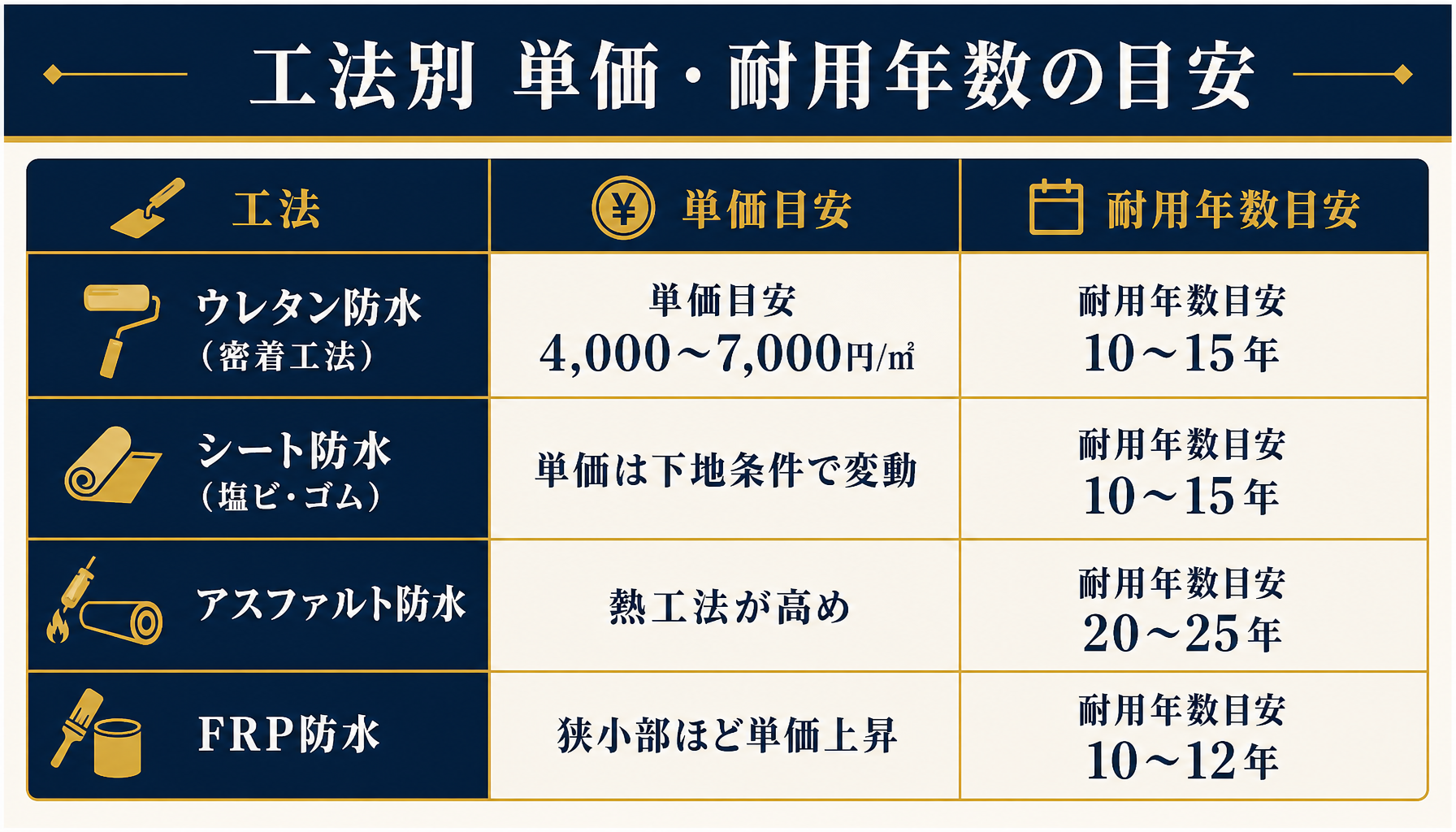 防水工事の工法別(ウレタン防水・シート防水・アスファルト防水・FRP防水)の単価目安と耐用年数目安を比較したインフォグラフィック