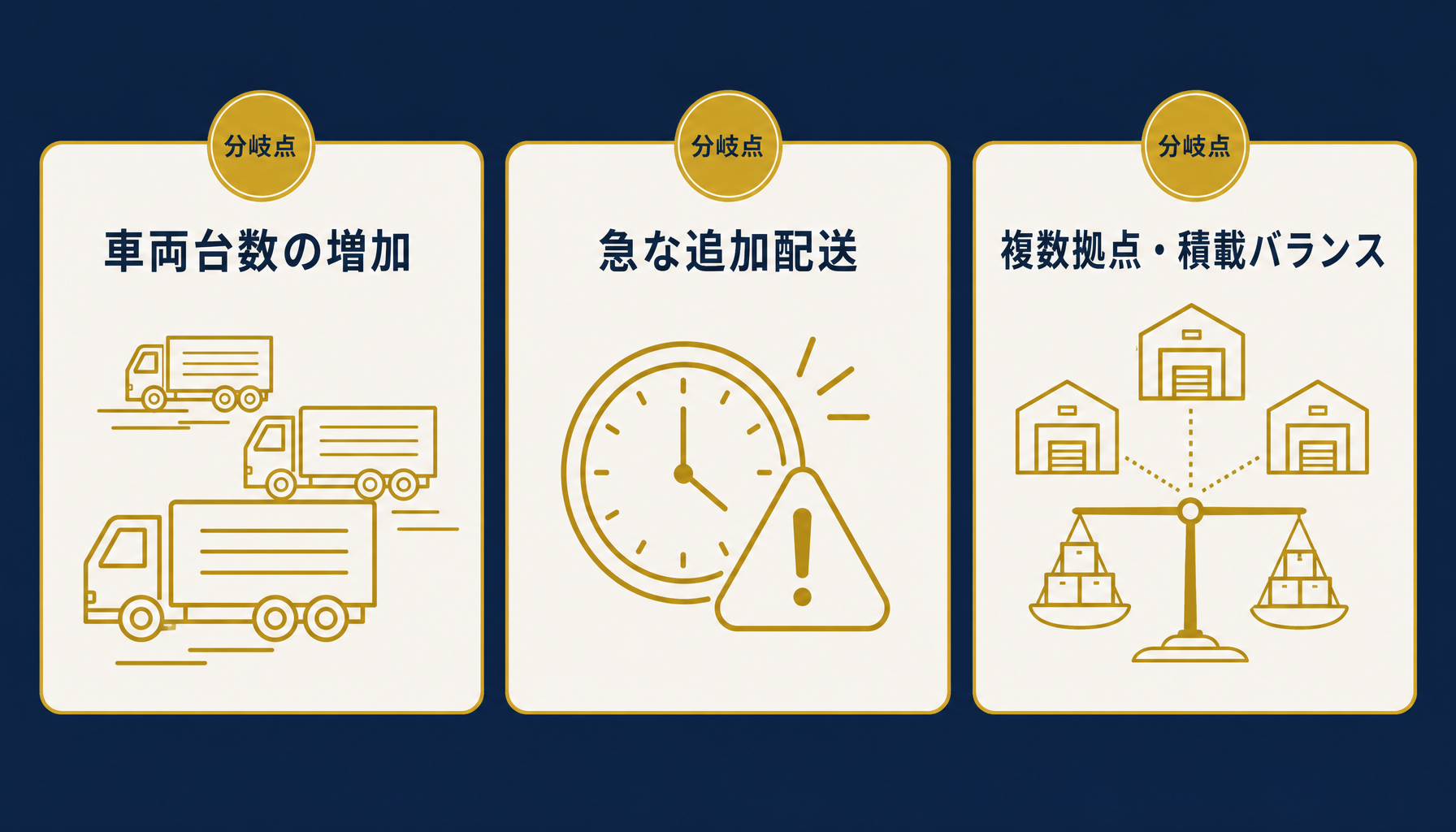 配送ルート管理の限界が表面化する3つの分岐点（車両台数・急な追加配送・複数拠点の積載バランス）を示すSVGインフォグラフィック